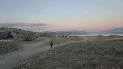 forward drone shot of a girl running to a lake in slow motion