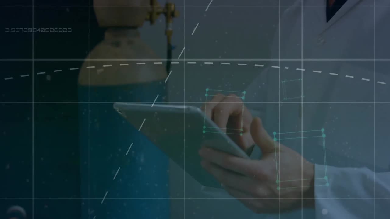 animación de cubos sobre caucásico hombre ingeniero conexión brazo robótico con tableta digital