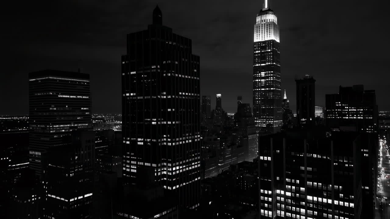 Secuencia a cámara rápida del horizonte urbano de noche con el Empire State Building iluminándose
