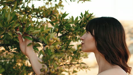 woman touching a pear tree