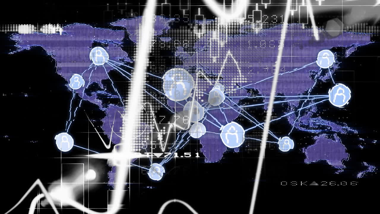 글로벌 네트워크 연결 및 데이터 처리 세계 지도에 대한 애니메이션
