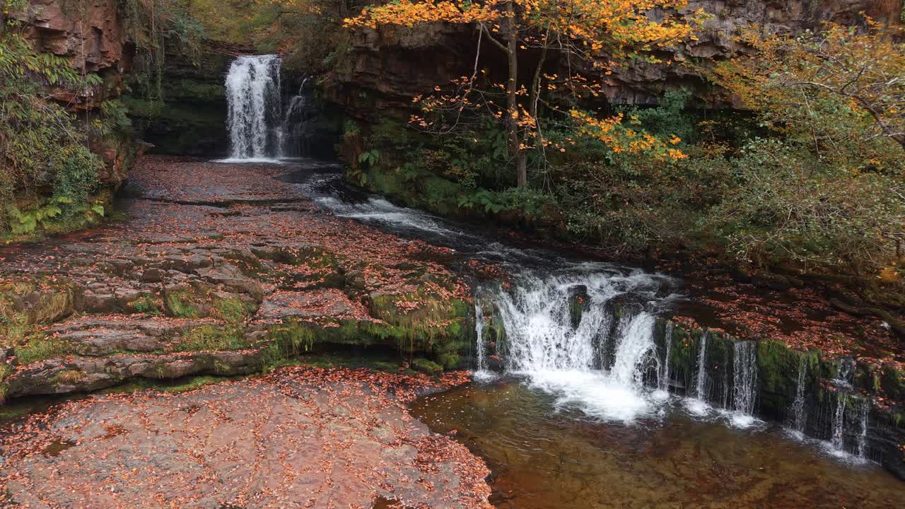 Cascading river flowing through a woodland with colourful autumn leaves on the trees