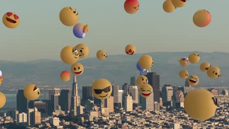 Animation-Von-Emojis-Mit-Stadt-Im-Hintergrund