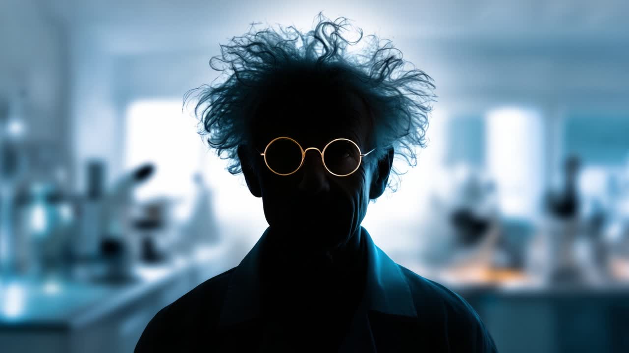 Mysterious Scientist with Wild Hair and Glasses in a Laboratory Setting, Eliciting Curiosity and Imagination About Scientific Discoveries and Innovations