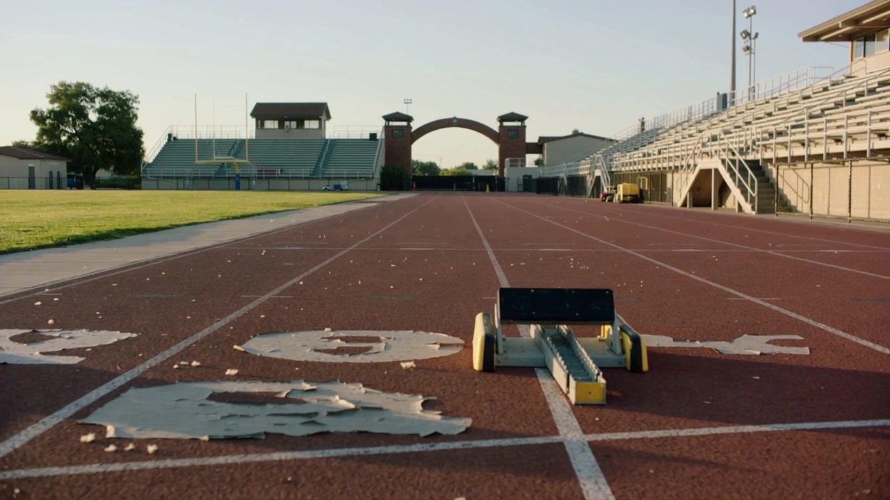 Telecamera in movimento che avvicina i blocchi di partenza su una pista di atletica scolastica, mostrando i numeri di corsia scrostati.