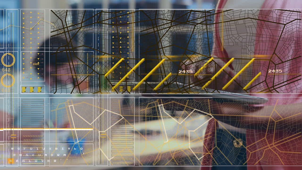 una mujer de negocios está usando una tableta frente a un colega en la oficina