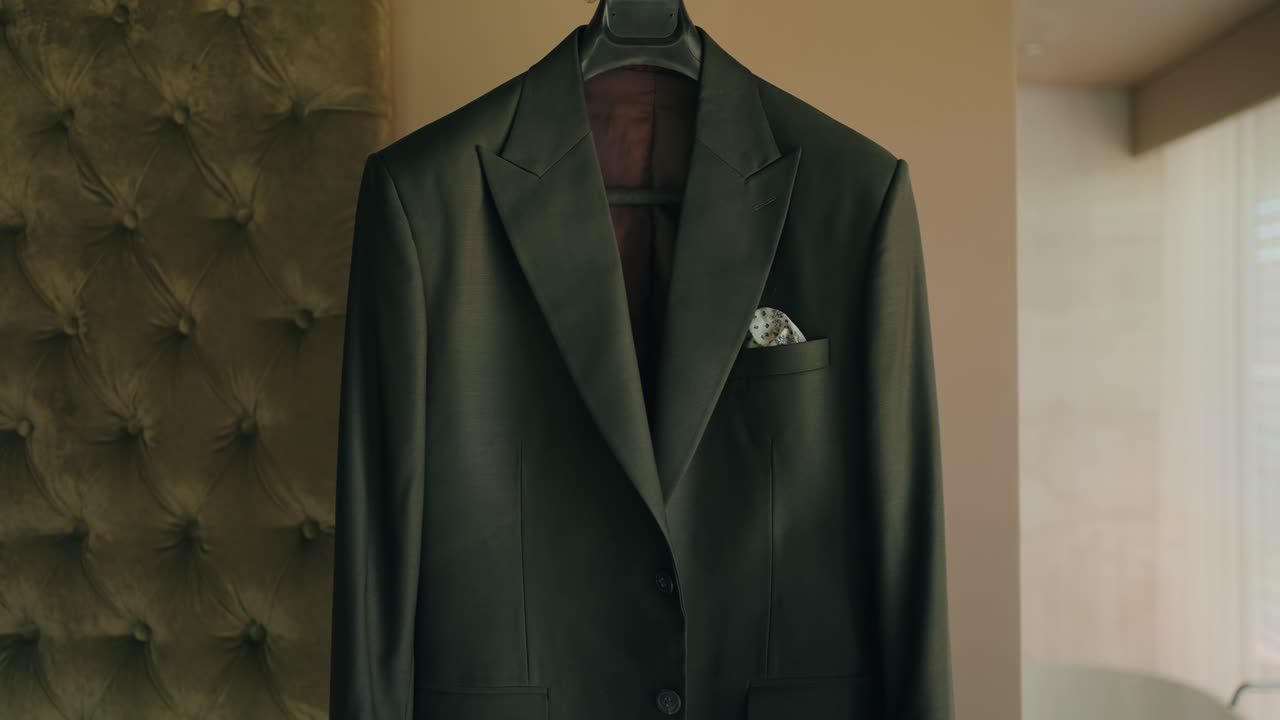 black suit jacket on hanger with white pocket square in elegant room during groom prep