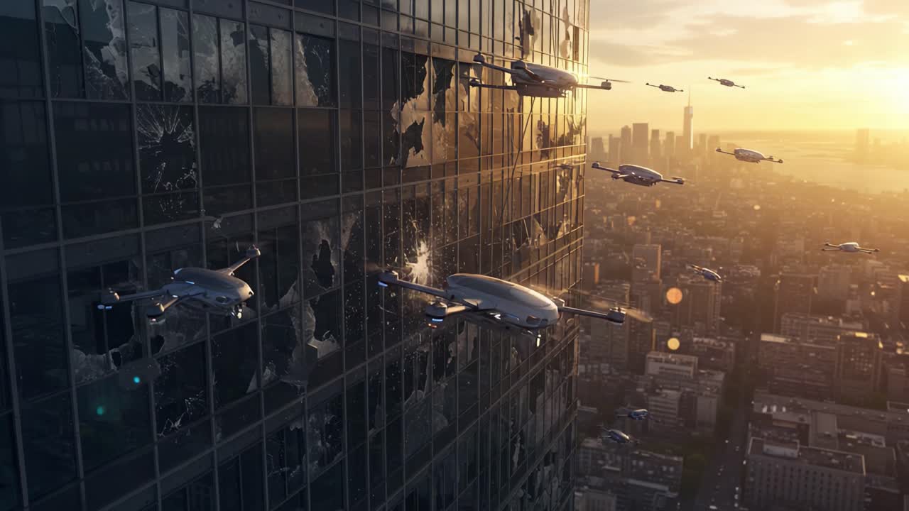 Drones Navigating Around a Skyscraper Facade at Sunset, Showcasing Advanced Technology Amidst Urban Environment with Shattered Glass Reflection