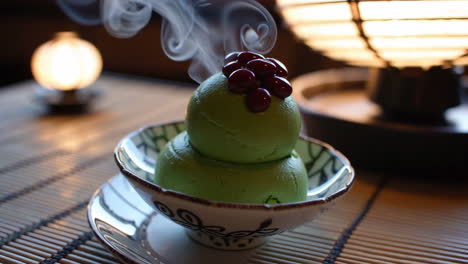 steaming matcha ice cream with red beans