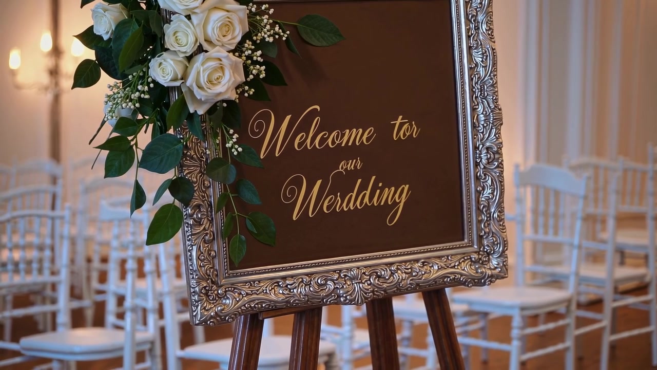 Elegante cartello di benvenuto al nostro matrimonio con rose bianche e cornice ornata