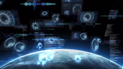 Animation-of-scopes-scanning,-world-map,-data-processing-on-screens-over-globe-with-glowing-horizon