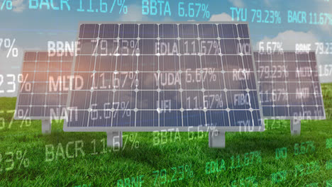 animation of multicolored trading board over solar panels on green field against cloudy sky