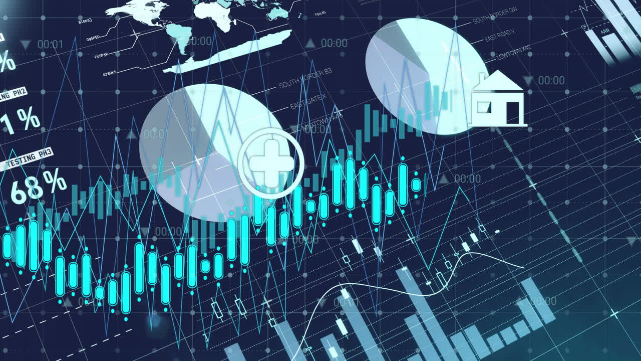 Overlaying medical symbols and global map, financial data and graphs in animation