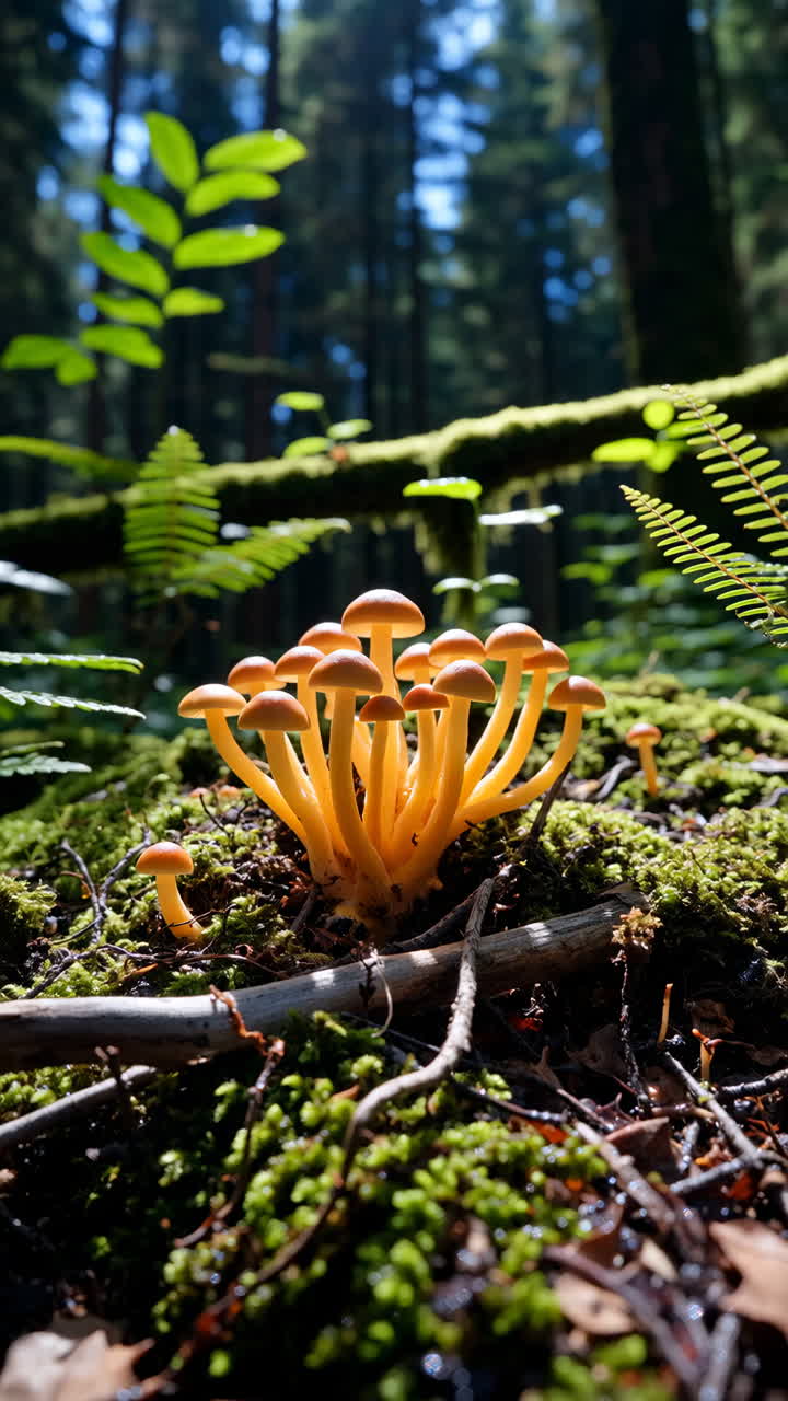 Vibrant Orange Mushrooms on Mossy Forest Floor with Sunlight