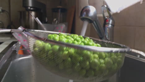 footage of woman washing and rinsing green peas with inox colander in a sink slow motion