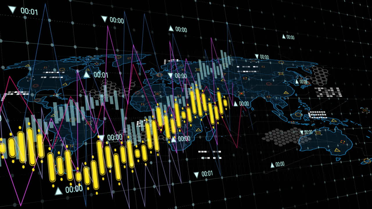 animación del procesamiento de datos a través de la red de red contra el mapa del mundo en fondo negro.