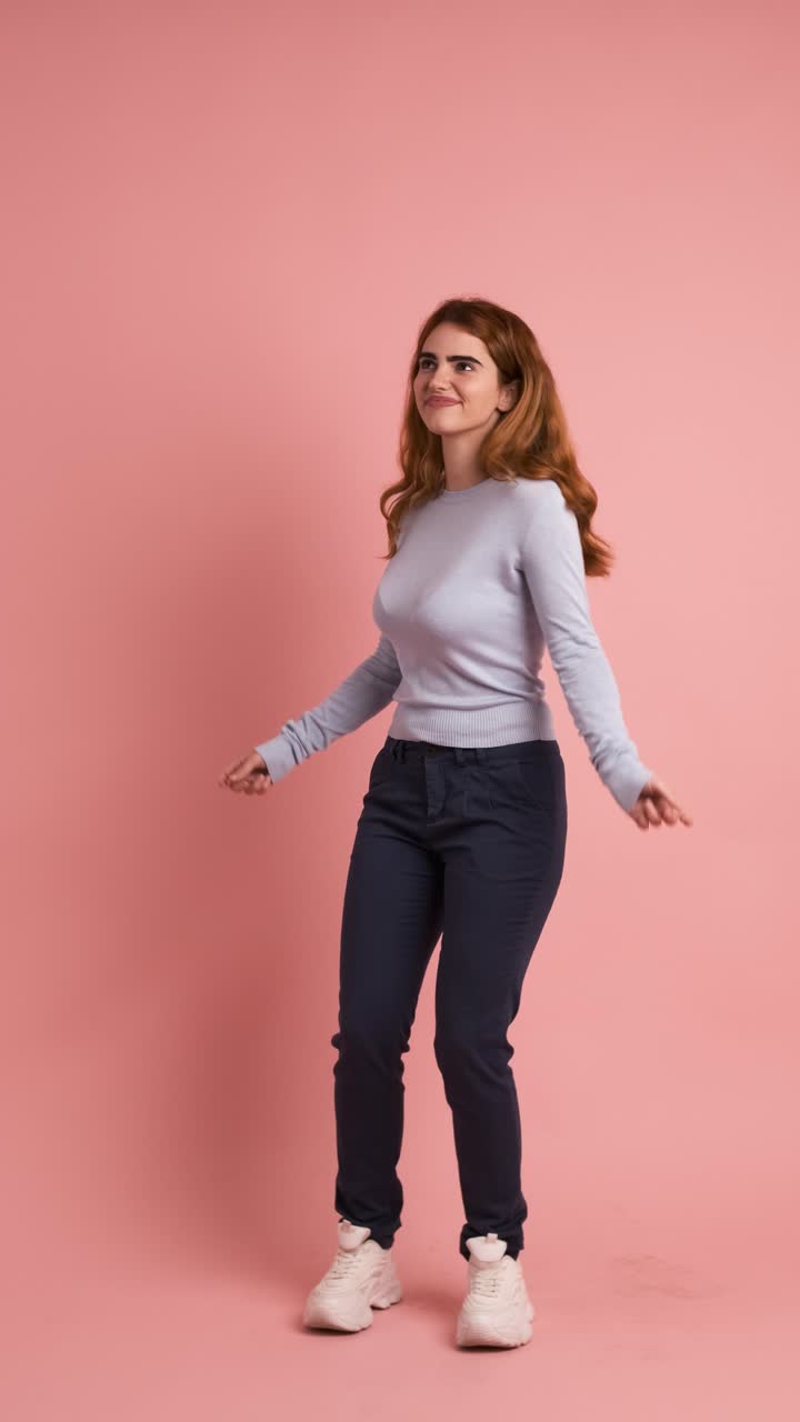 Cheerful young female in casual clothes with dark hair dancing with arms raised against pastel peach color background