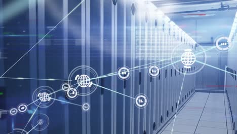 animation of data processing and media icons over server room