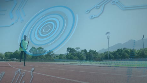 animation of digital data processing over disabled male athlete with running blades on racing track