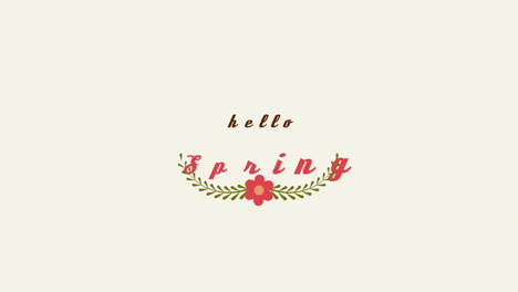 Hello-Spring-with-red-flower-and-green-leaves-on-white-gradient