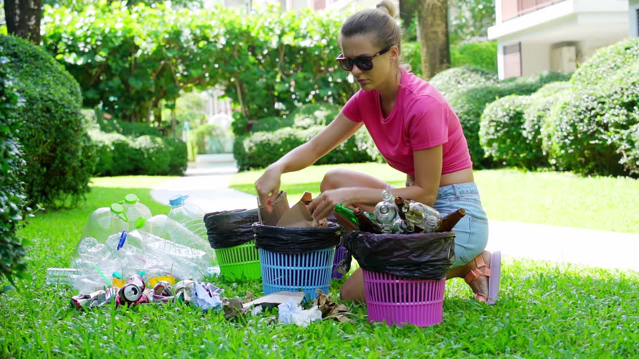 mujer reciclando en un parque