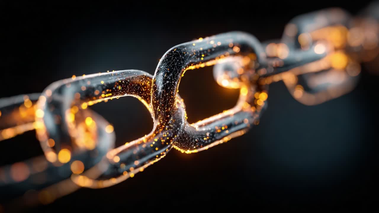 Close-Up on a Metallic Chain Link: A Detailed View of Interlocking Links Illuminated with Sparkling Particles Against a Dark Background