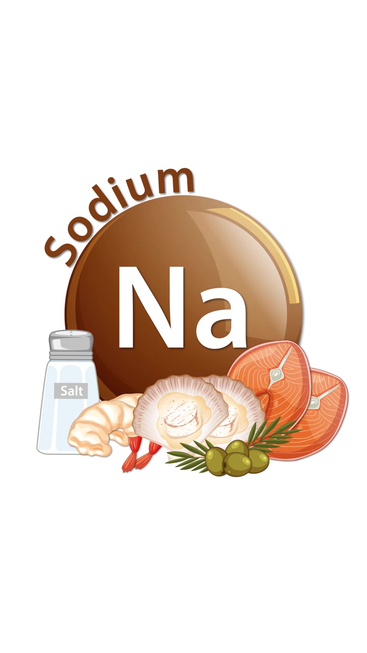 Un'icona lucida del sodio (Na) si anima mentre appare la parola 'Sodio', seguita da frutti di mare, olive e una saliera, su uno sfondo bianco pulito.