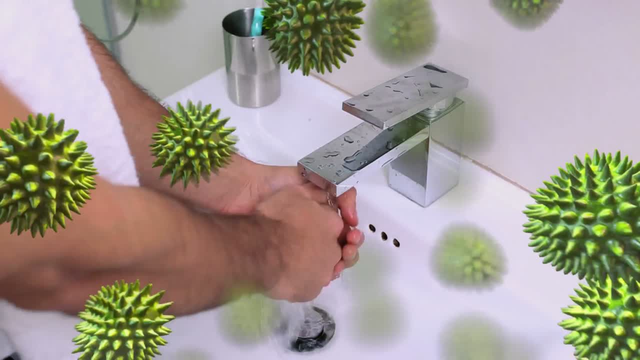 animación de células de macro coronavirus covid-19 que se extienden sobre el hombre lavándose las manos