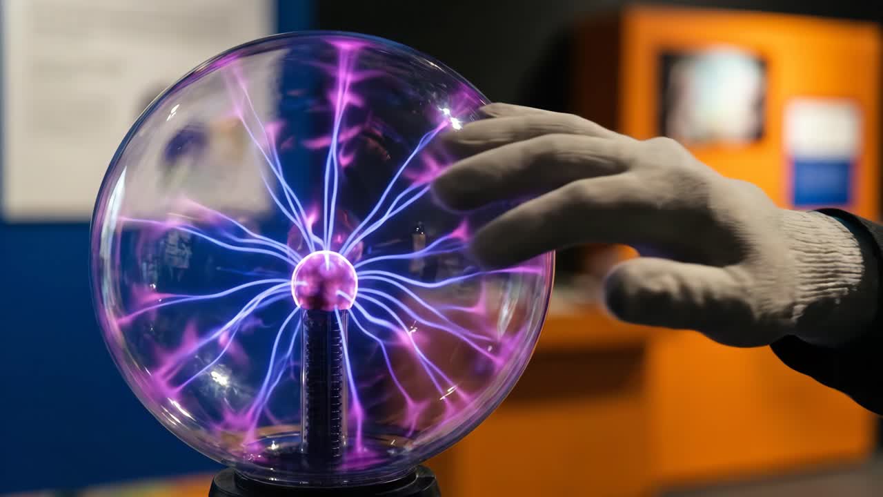 Gloved Hand Interacting with a Plasma Ball in a Science Exhibit
