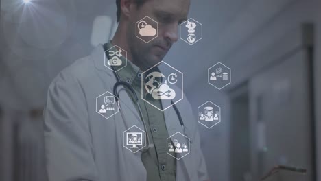 animation of computer icon in hexagons over lens flares, caucasian doctor reading notepad