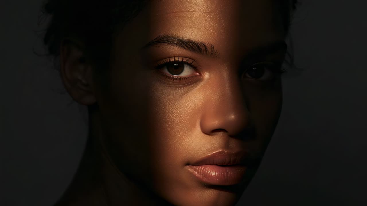 Shifting narrow warm light strip revealing face on woman in studio holding gaze for editorial
