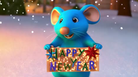 cute cartoon mouse with happy new year sign in snowy scene