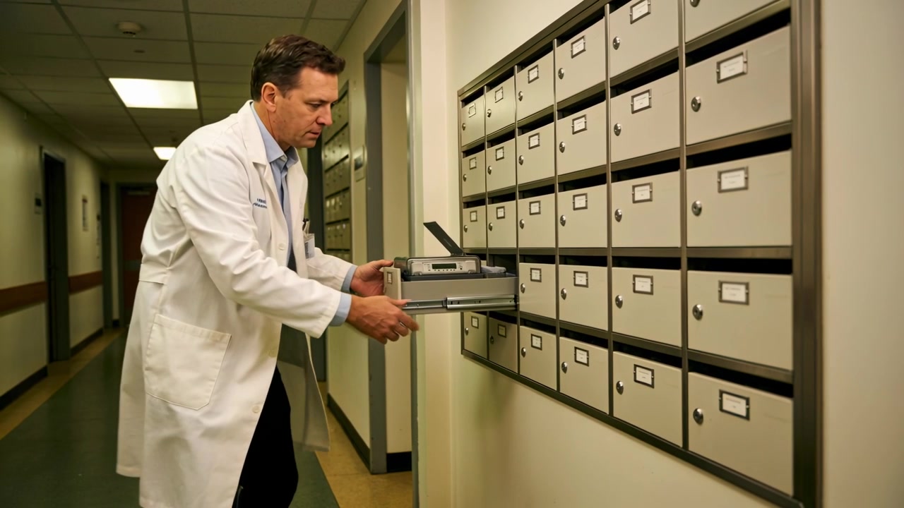 Walking man wearing white lab coat in clinic corridor opening mailbox, moving metal box for filing