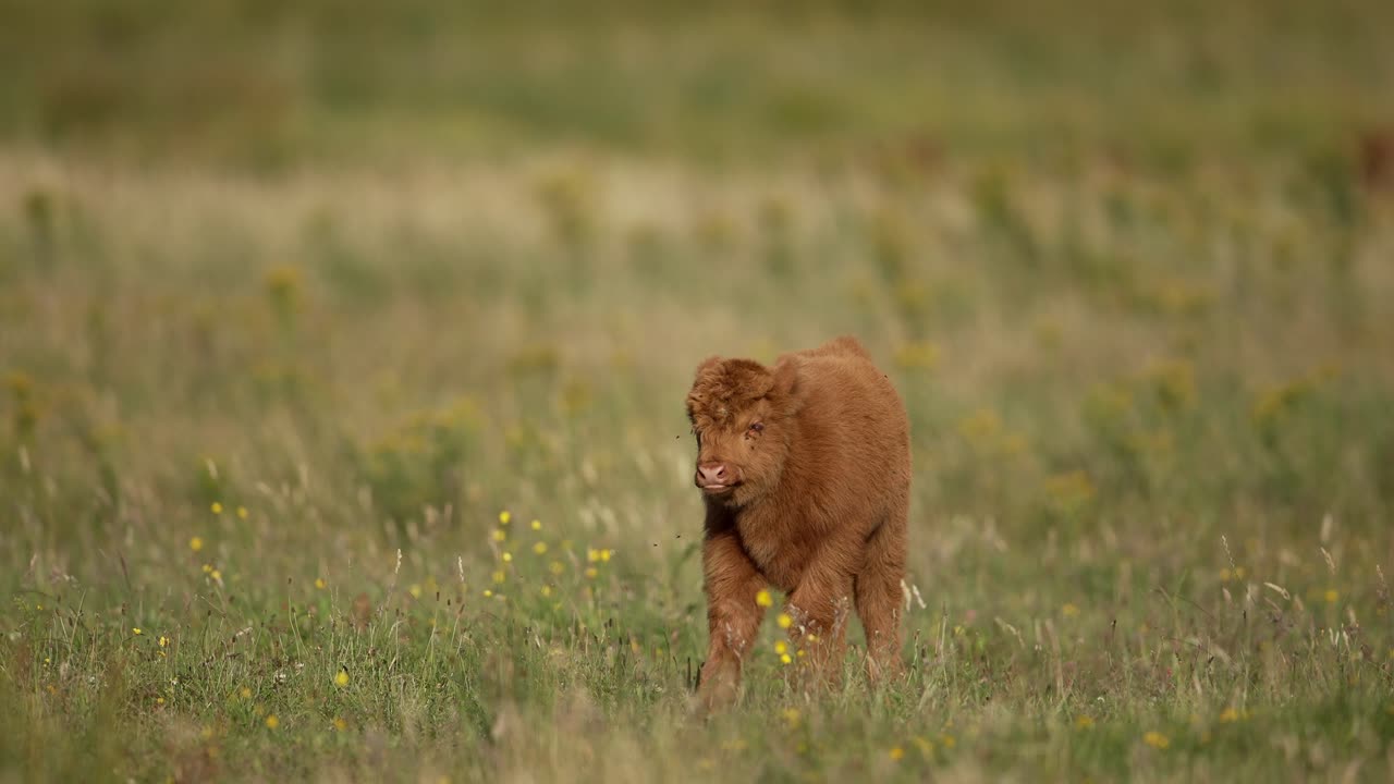 schattig hoogland kalf loopt in slow motion door weelderige weide, wassenaar