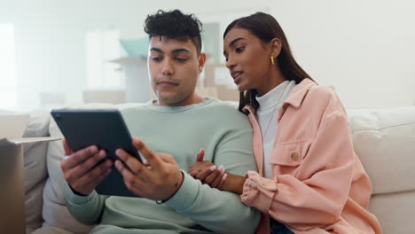 couple on sofa, tablet and smart home