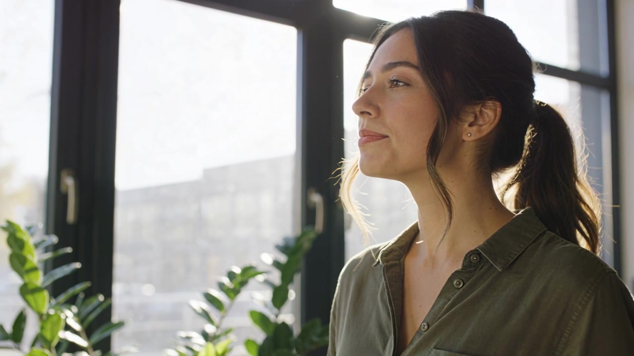 Mujer moviéndose, inclinando la cabeza, suspirando cerca de una ventana con rejilla, el sol provocando sonrisas, plantas en el alféizar, espacio para texto.