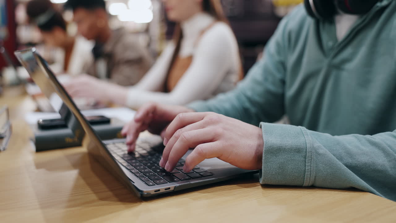 Students working in a library