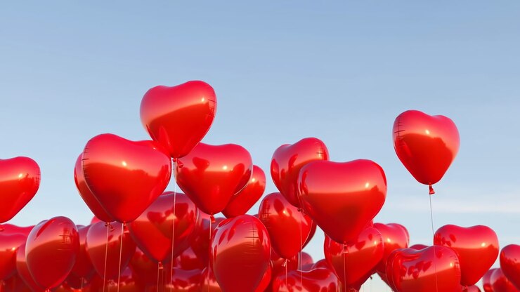 Red Heart Balloons Fill Sky, Glossy Heartshaped Balloons Rising On Thin Strings Against Clear Blue Sky,