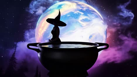 silueta de bruja lanzando un hechizo bajo la luna