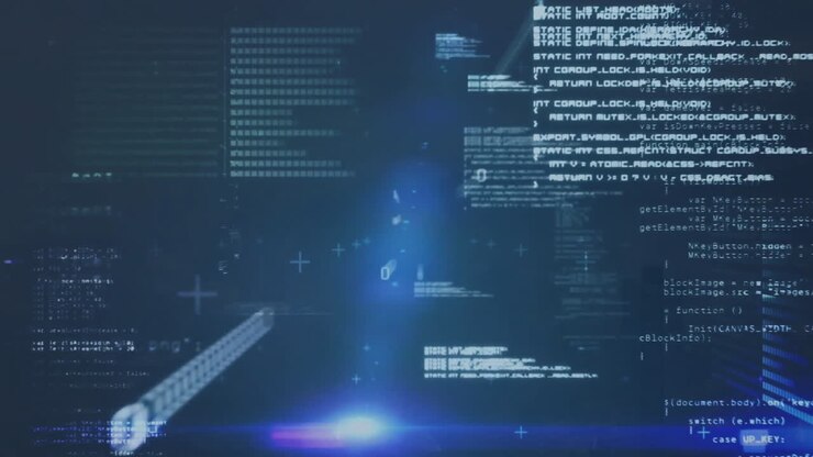 Programming code and data processing animation over blue digital background