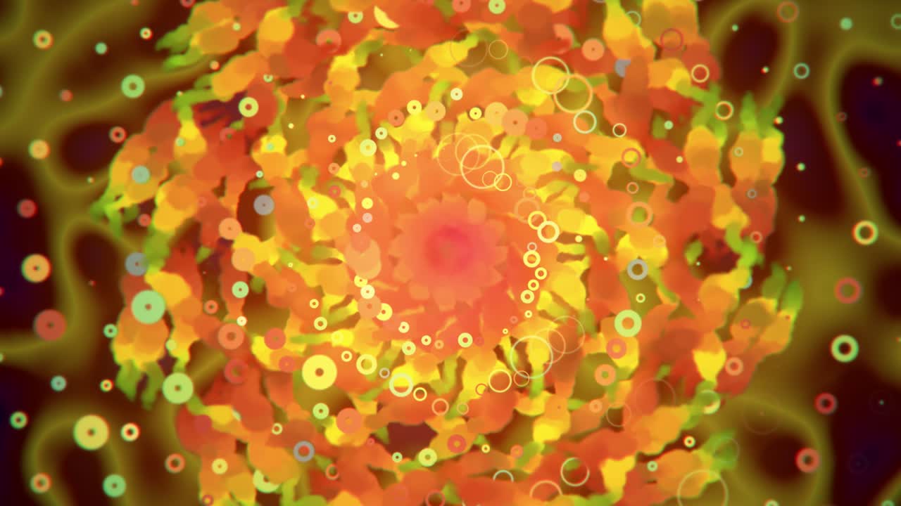 Fiori caleidoscopici vividi con forme luminose e ipnotizzanti, loop psichedelico.