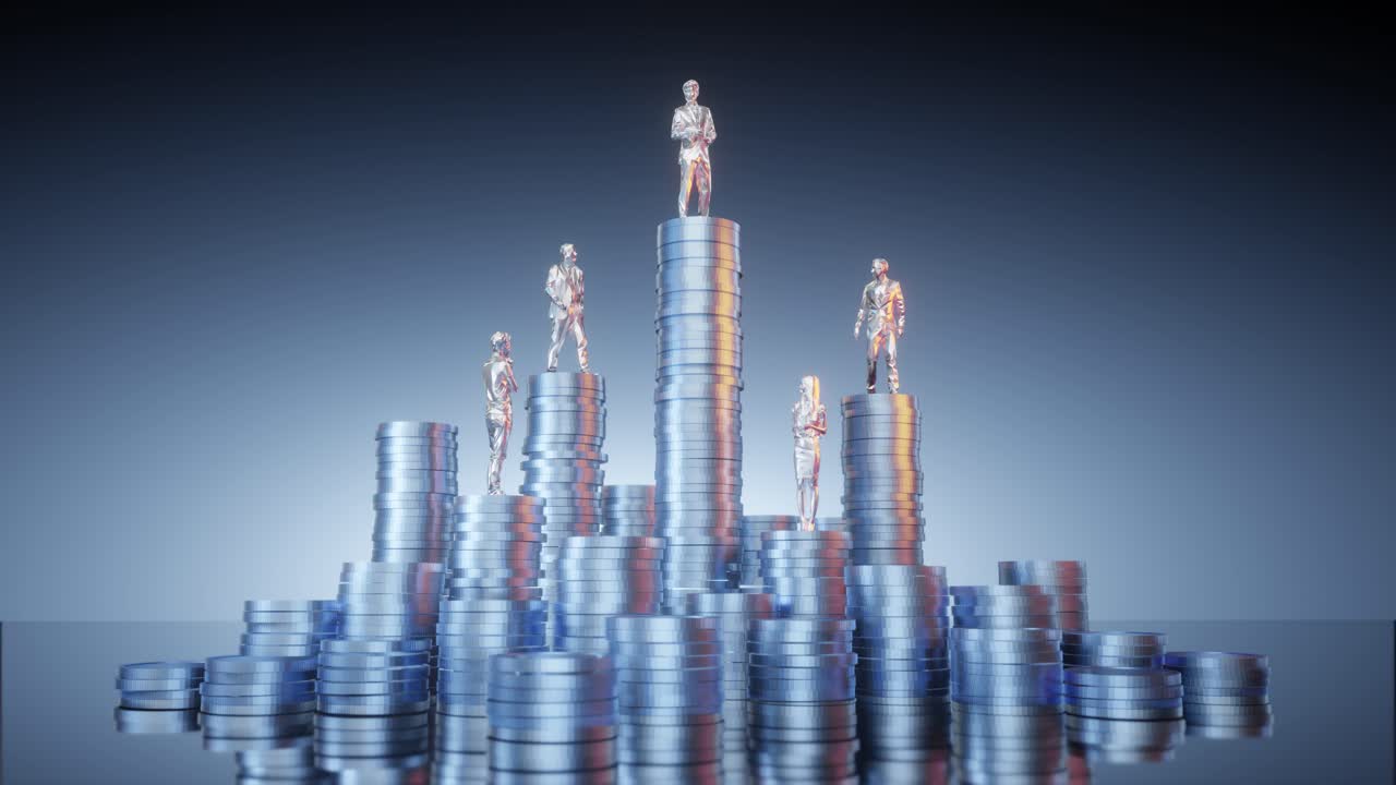 low poly business man and woman, standing on coin, unequal height, represents competition, winner will be at the highest point
