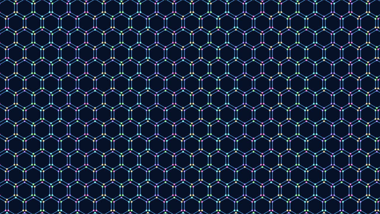 Motion neon blue hexagons pattern with rainbow dots