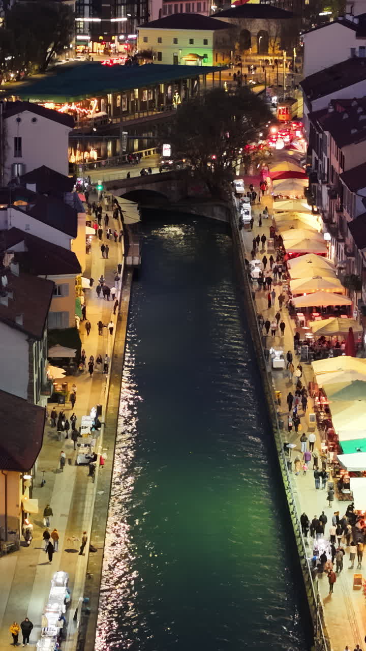 Aerial drone view of the Naviglio Grande canal at sunset. Vertical