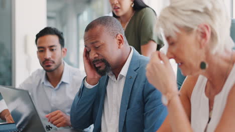 fail, results and sad business people in meeting