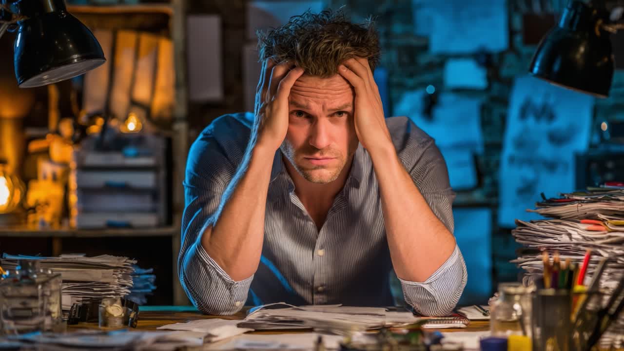 Frustration and Overwhelm: A Man Shows Signs of Stress Amidst a Chaotic Workspace Filled with Paperwork and Disarray, Capturing the Weight of Modern Challenges