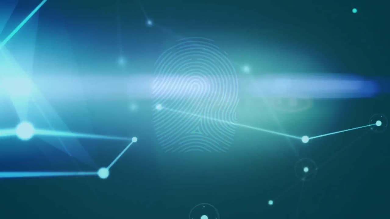 Animation of biometric fingerprint scanner and network of connections against blue background