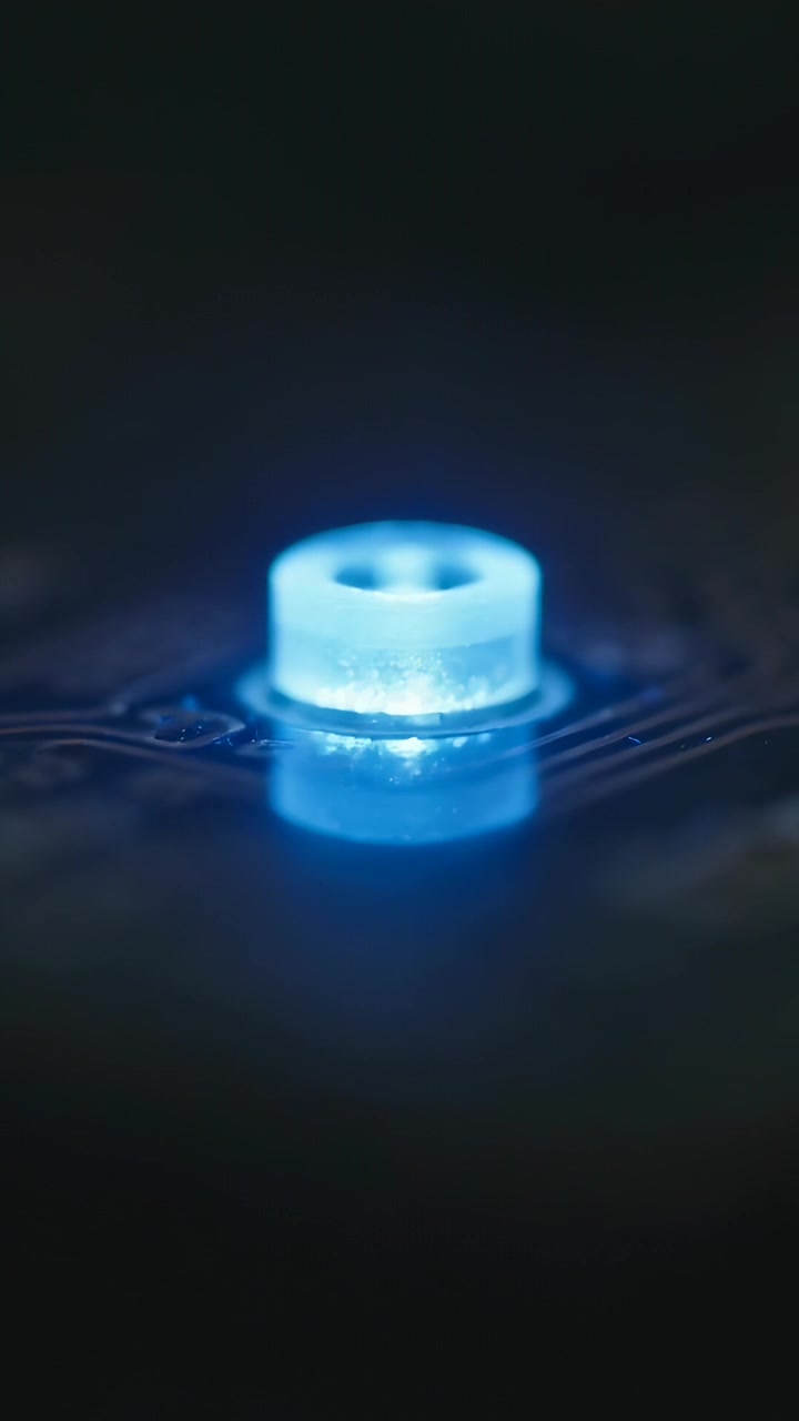 Video verticale: La telecamera sposta la messa a fuoco, un LED trasparente emette un bagliore blu su un PCB, rivelando le tracce del circuito.