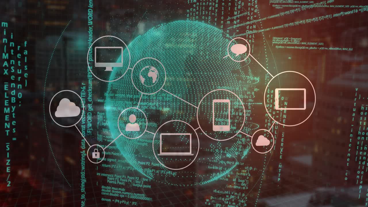 Opening on blurred skyline with green code, wireframe globe rotating and icons connecting ecosystem