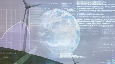 Stock-market-data-processing-over-globe-against-windmills-on-grasslands